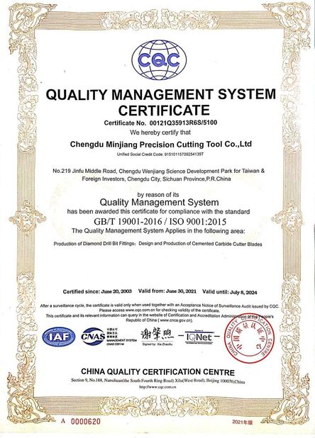 China Chengdu Minjiang Precision Cutting Tool Co., Ltd. Certification